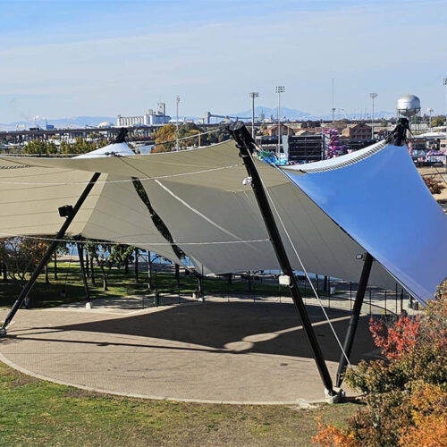 Outdoor stands, stages, theaters, sunshades, rain shelters, tensioned membrane ceilings